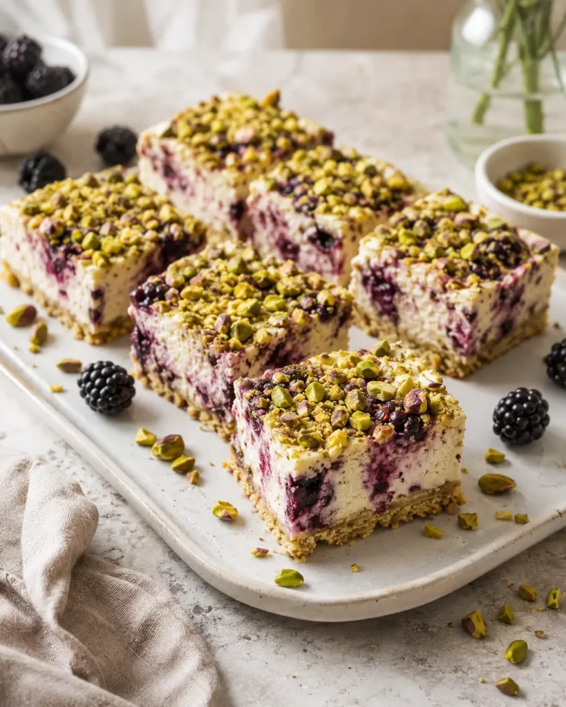 Blackberry pistachio dream bars with creamy berry-swirl filling and chopped pistachio topping