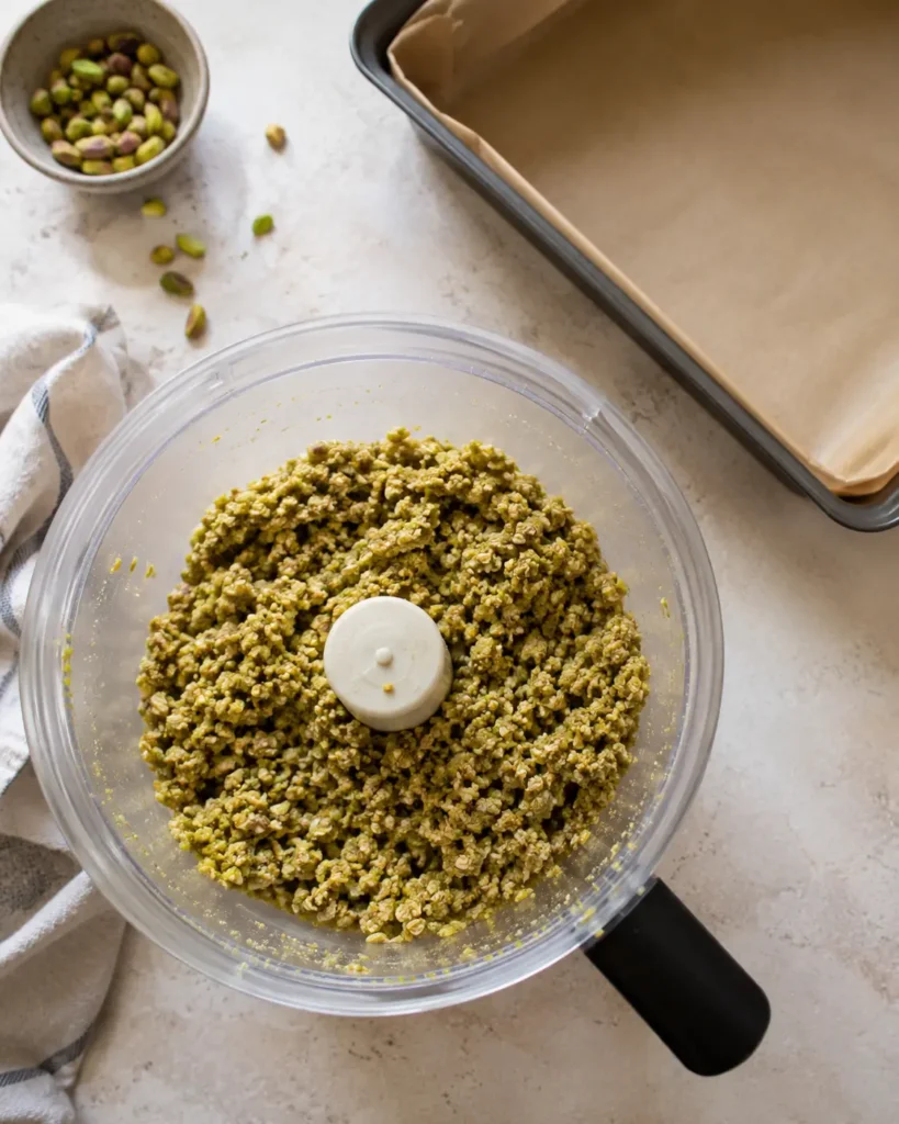 Pistachio oat crust mixture for blackberry pistachio dream bars before pressing into a parchment-lined pan