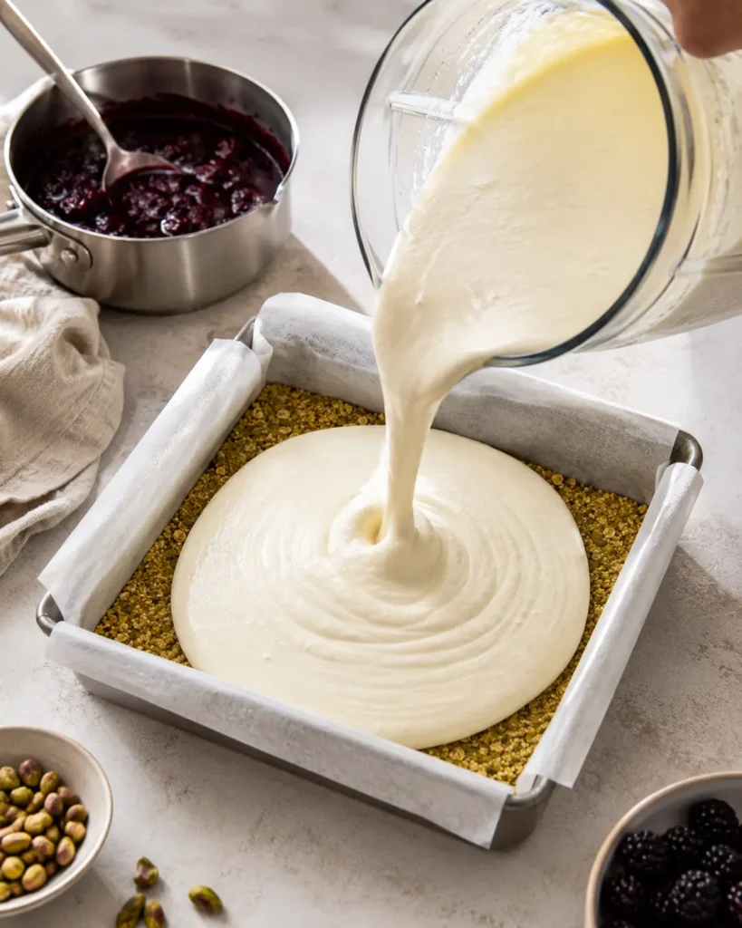 Creamy filling being poured over a pistachio-oat crust for blackberry pistachio dream bars