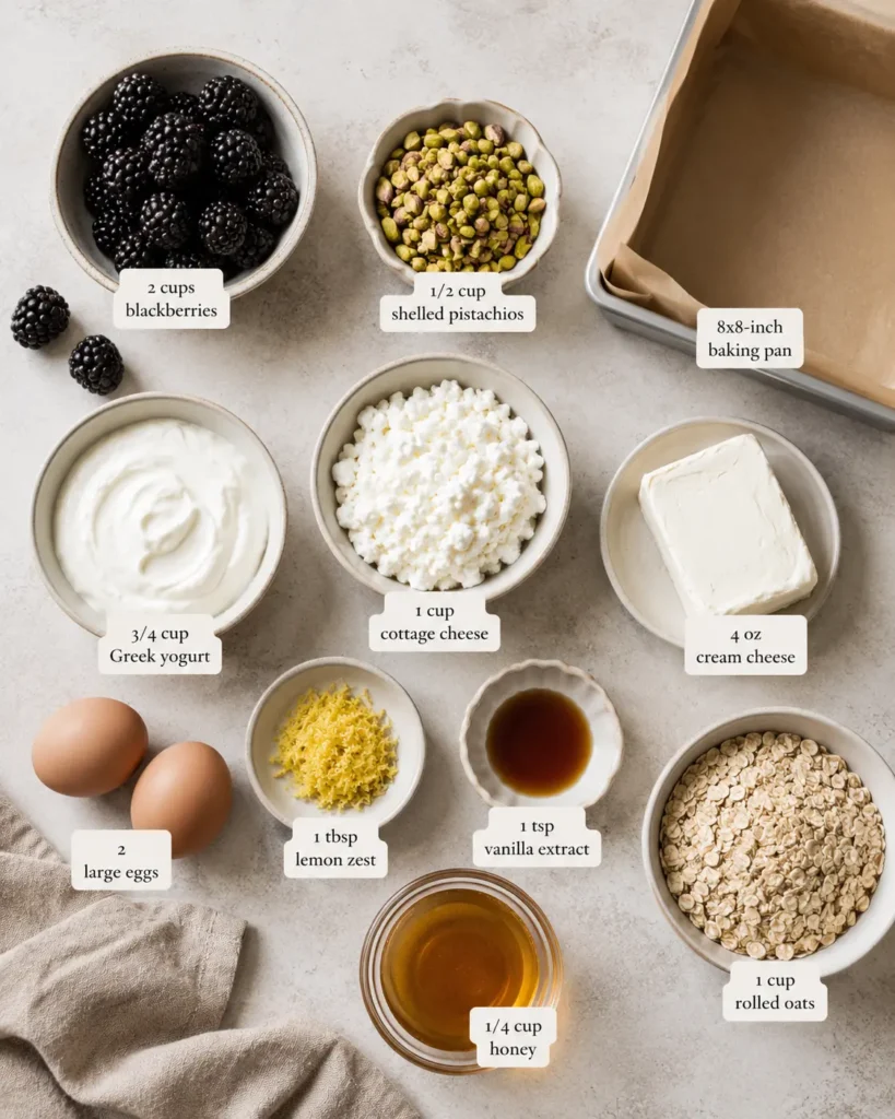 Ingredients for blackberry pistachio dream bars arranged with blackberries, pistachios, yogurt, cottage cheese, cream cheese, eggs, oats, and honey