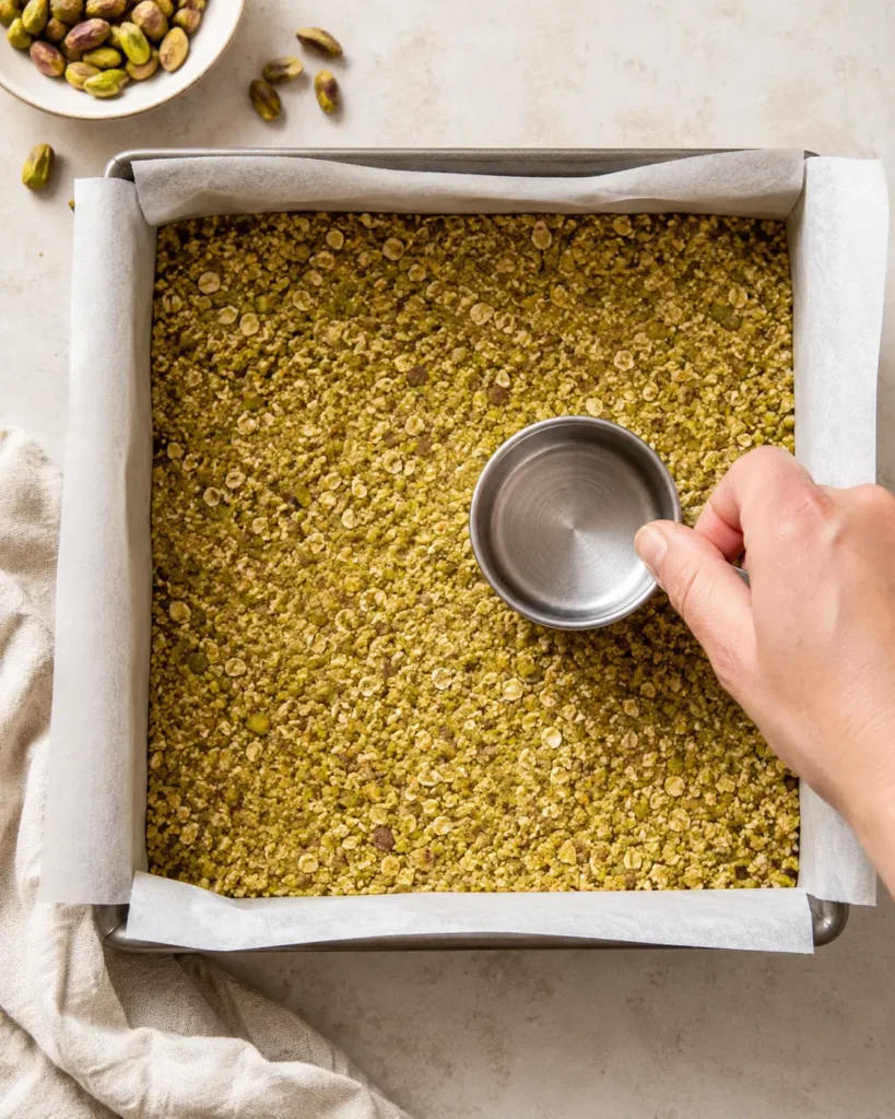 Pistachio-oat crust being pressed into a parchment-lined square pan for blackberry pistachio dream bars