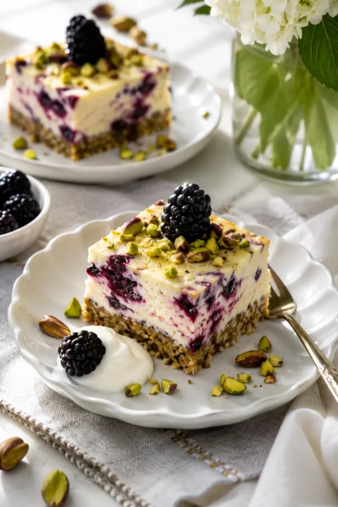 Blackberry pistachio dream bars served on dessert plates with fresh blackberries, chopped pistachios, and Greek yogurt
