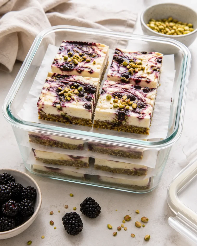 Blackberry pistachio dream bars stored in a glass container with parchment paper between the layers