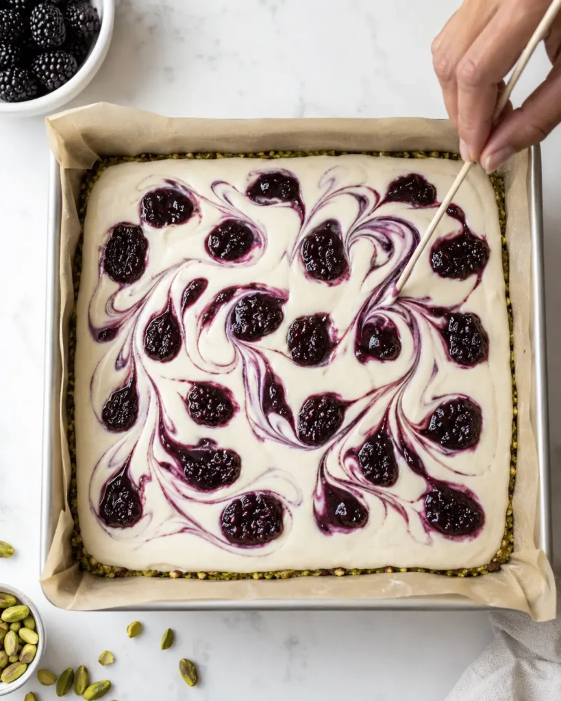 Blackberry swirl being drawn through creamy filling before baking blackberry pistachio dream bars