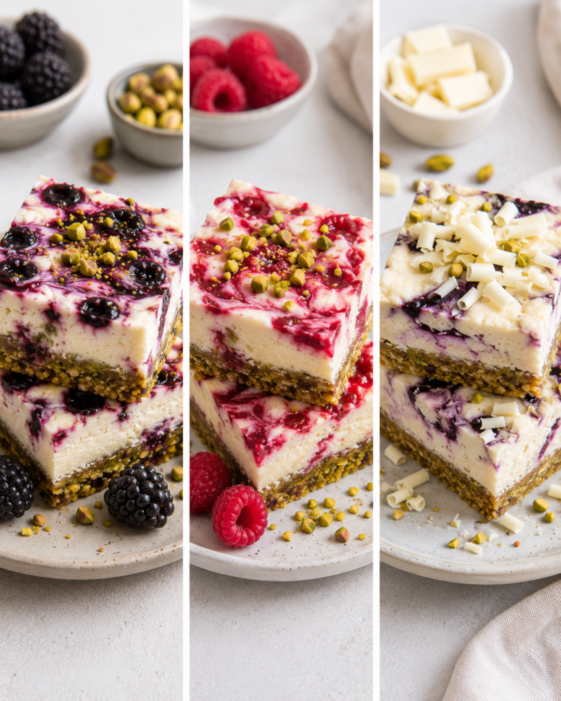 Three variations of blackberry pistachio dream bars with blackberry, raspberry, and white chocolate toppings