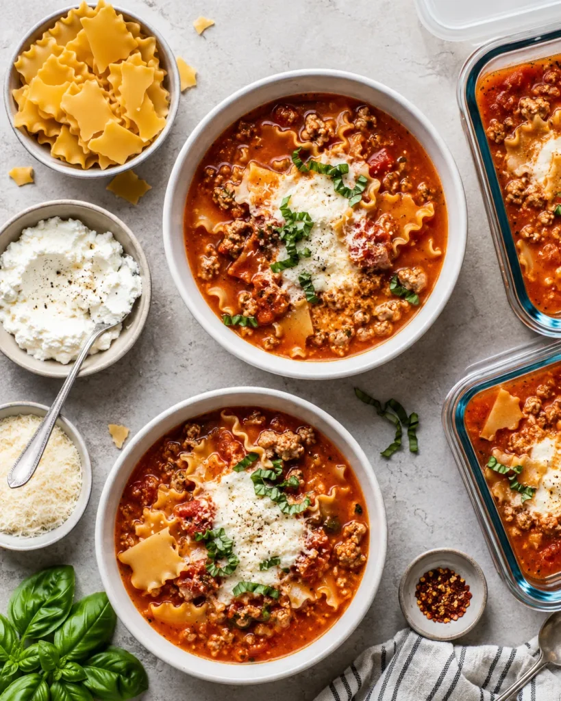 Overhead summary-style image showing easy lasagna soup, noodles, cheese topping, and meal-prep elements