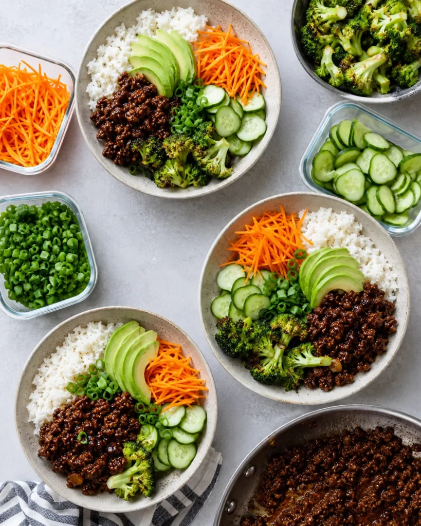 Ground beef hot honey bowls being assembled with rice and vegetables