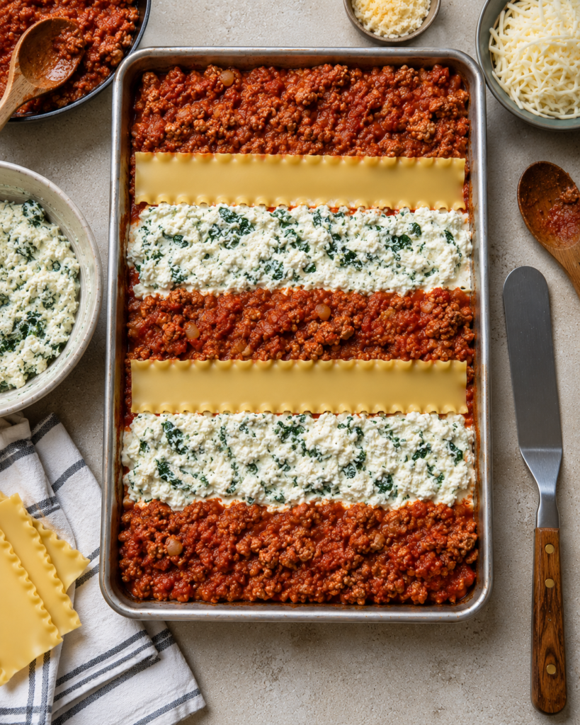 Sheet pan lasagna being assembled with lasagna noodles, turkey meat sauce, and spinach cottage cheese filling in a rimmed baking pan.
