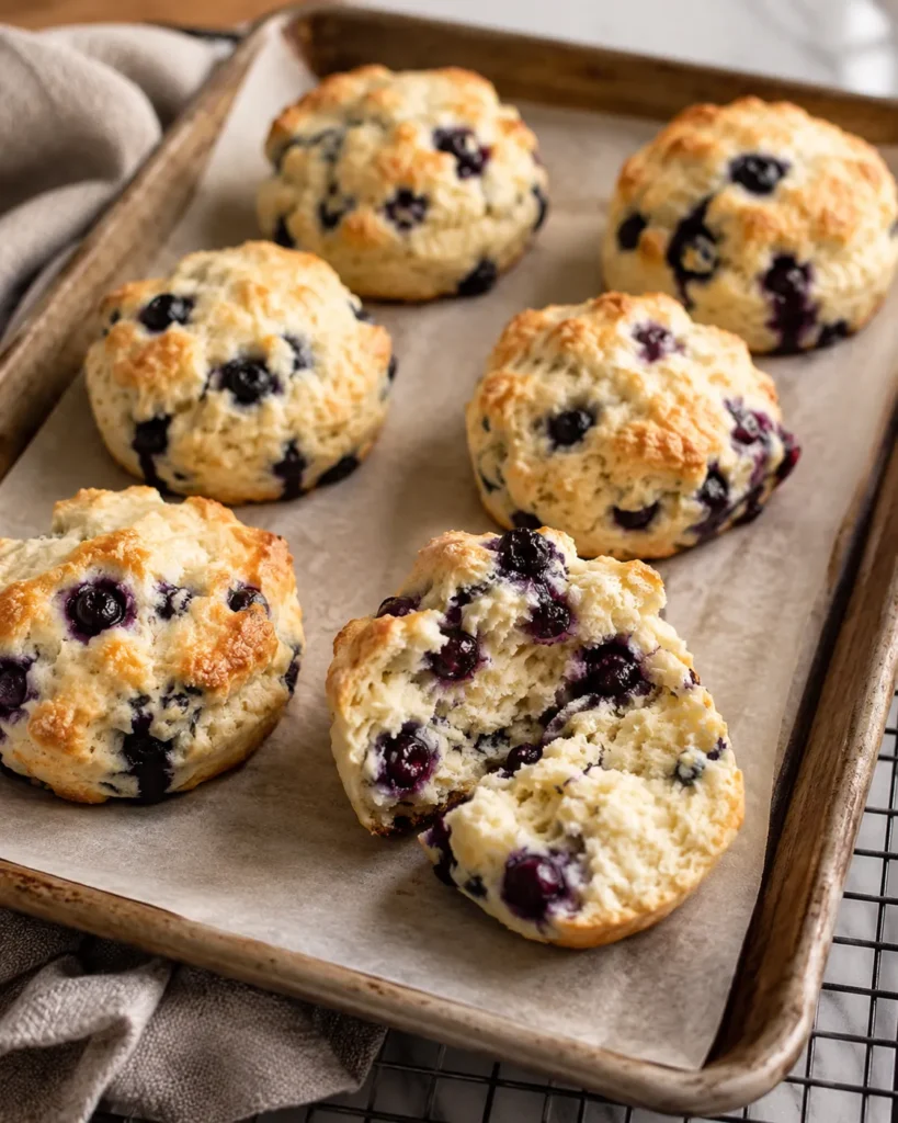 Soft blueberry biscuits cooling after baking on a lined tray