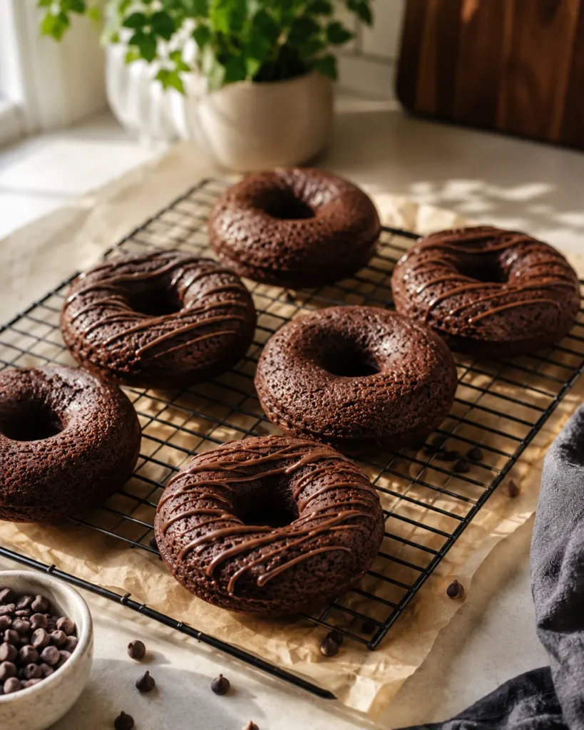 Baked chocolate protein donuts cooling on a wire rack