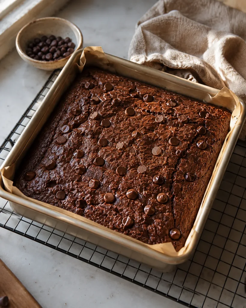Freshly baked cottage cheese brownies cooling in a square pan