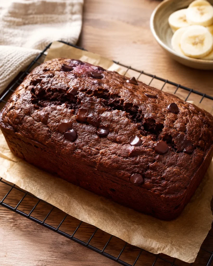 Baked high-protein chocolate banana bread cooling on a rack