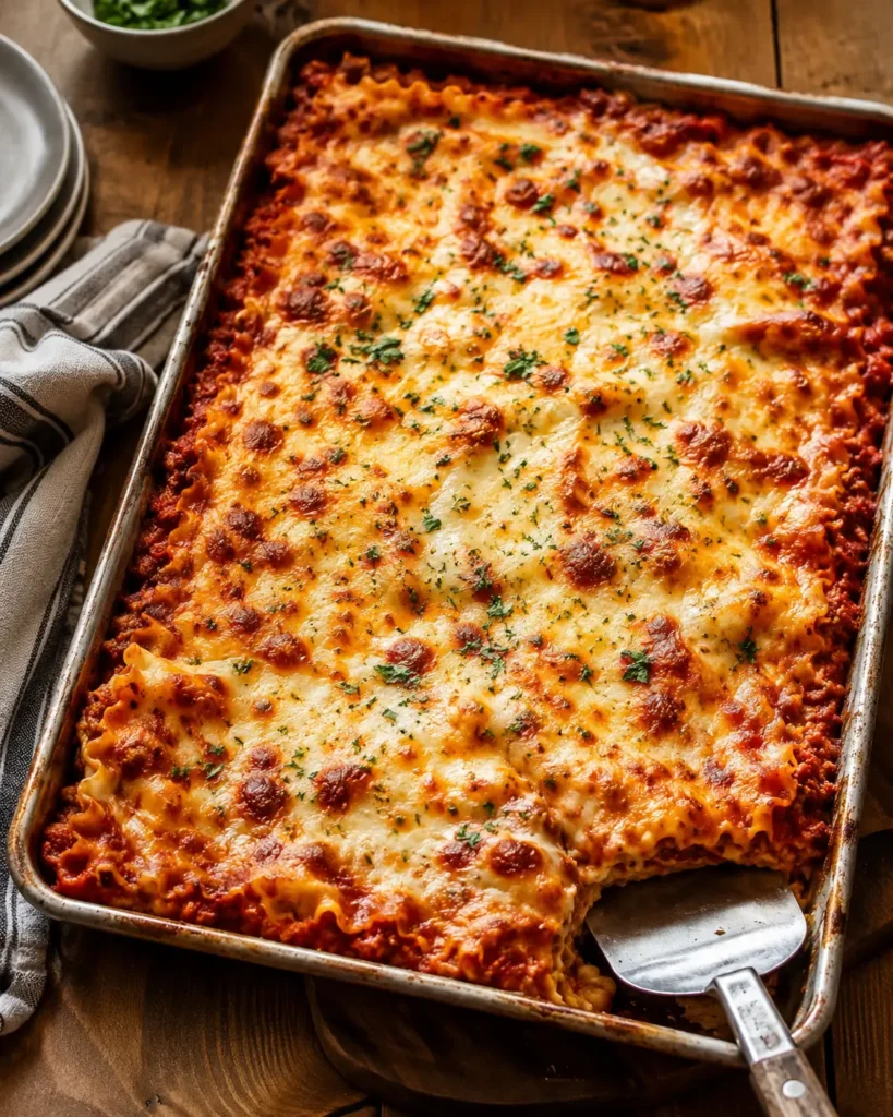 Freshly baked sheet pan lasagna with browned mozzarella, golden bubbling cheese, and crispy edges on a rimmed baking sheet.