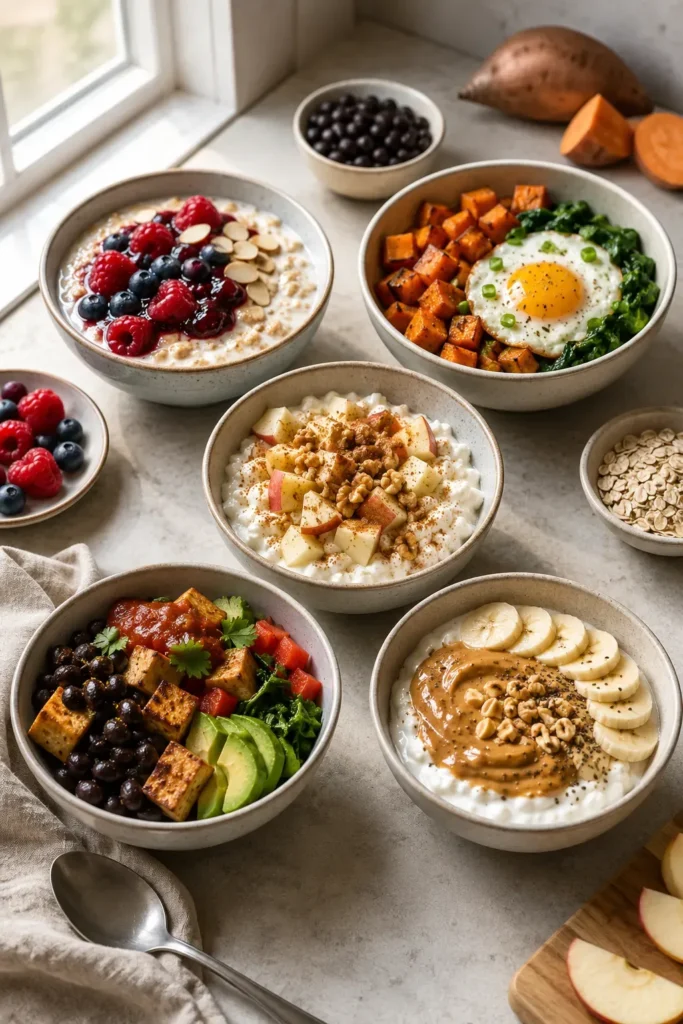 Berry Greek yogurt oat breakfast bowl with chia seeds and pistachios