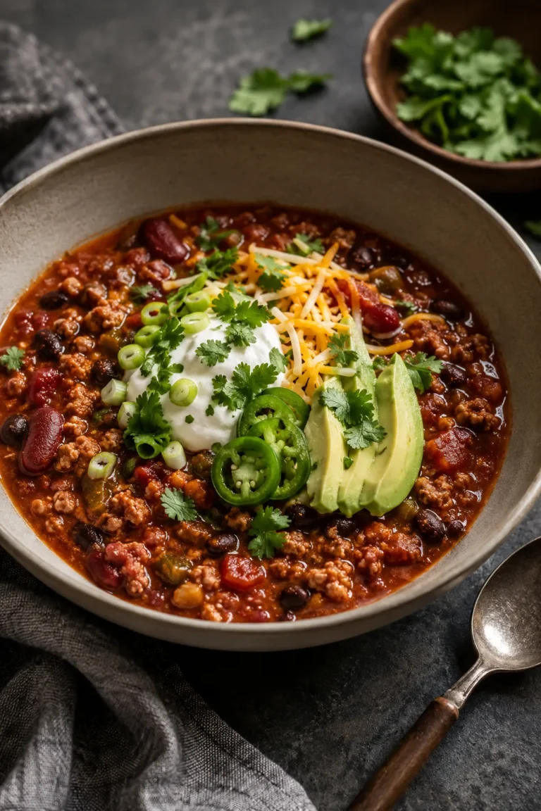 Thick turkey chili topped with Greek yogurt, shredded cheese, sliced avocado, cilantro, green onions, and jalapeño
