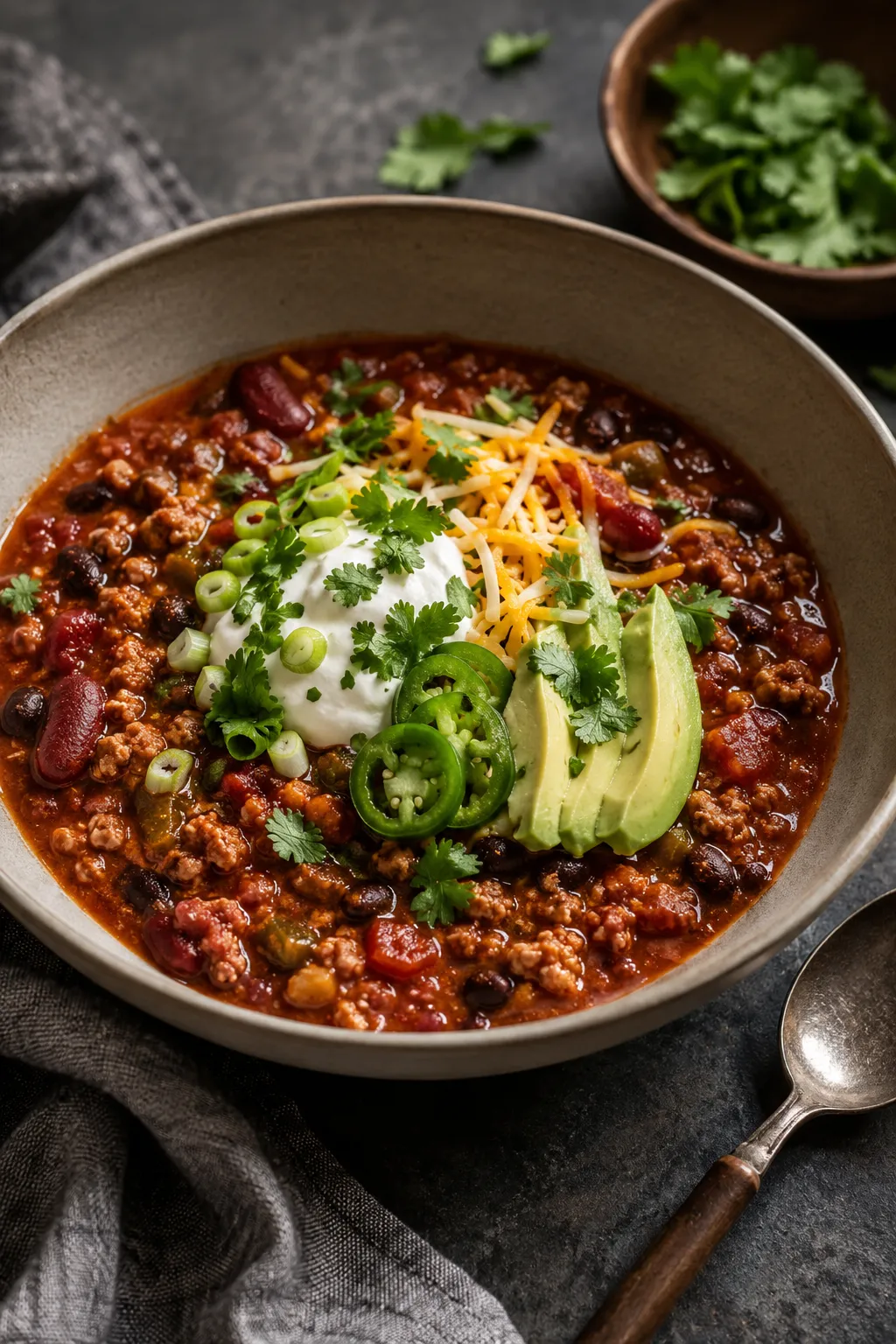 Thick turkey chili topped with Greek yogurt, shredded cheese, sliced avocado, cilantro, green onions, and jalapeño