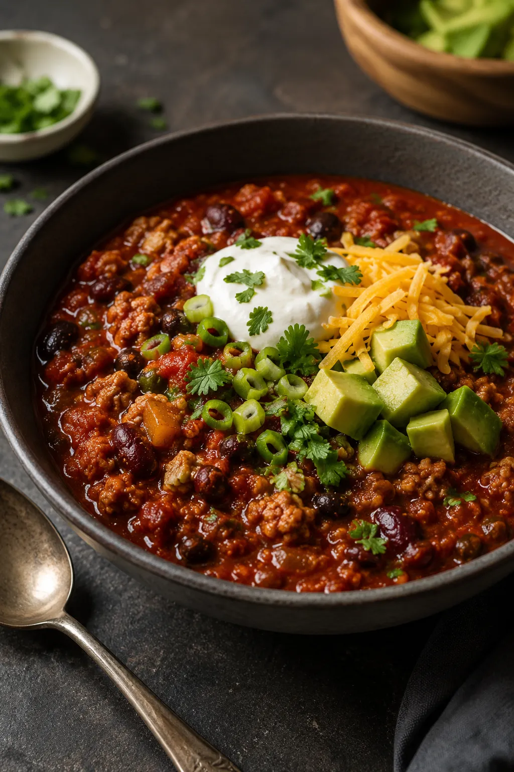Thick turkey chili with beans, avocado, and Greek yogurt