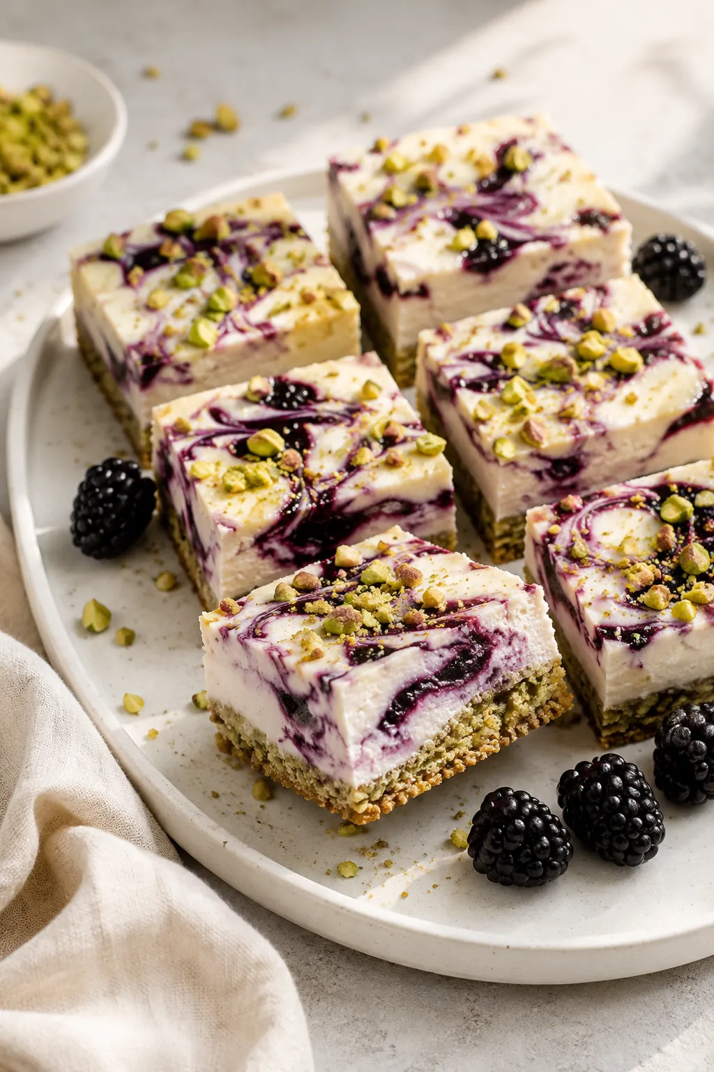 Blackberry pistachio dream bars with creamy filling and blackberry swirl