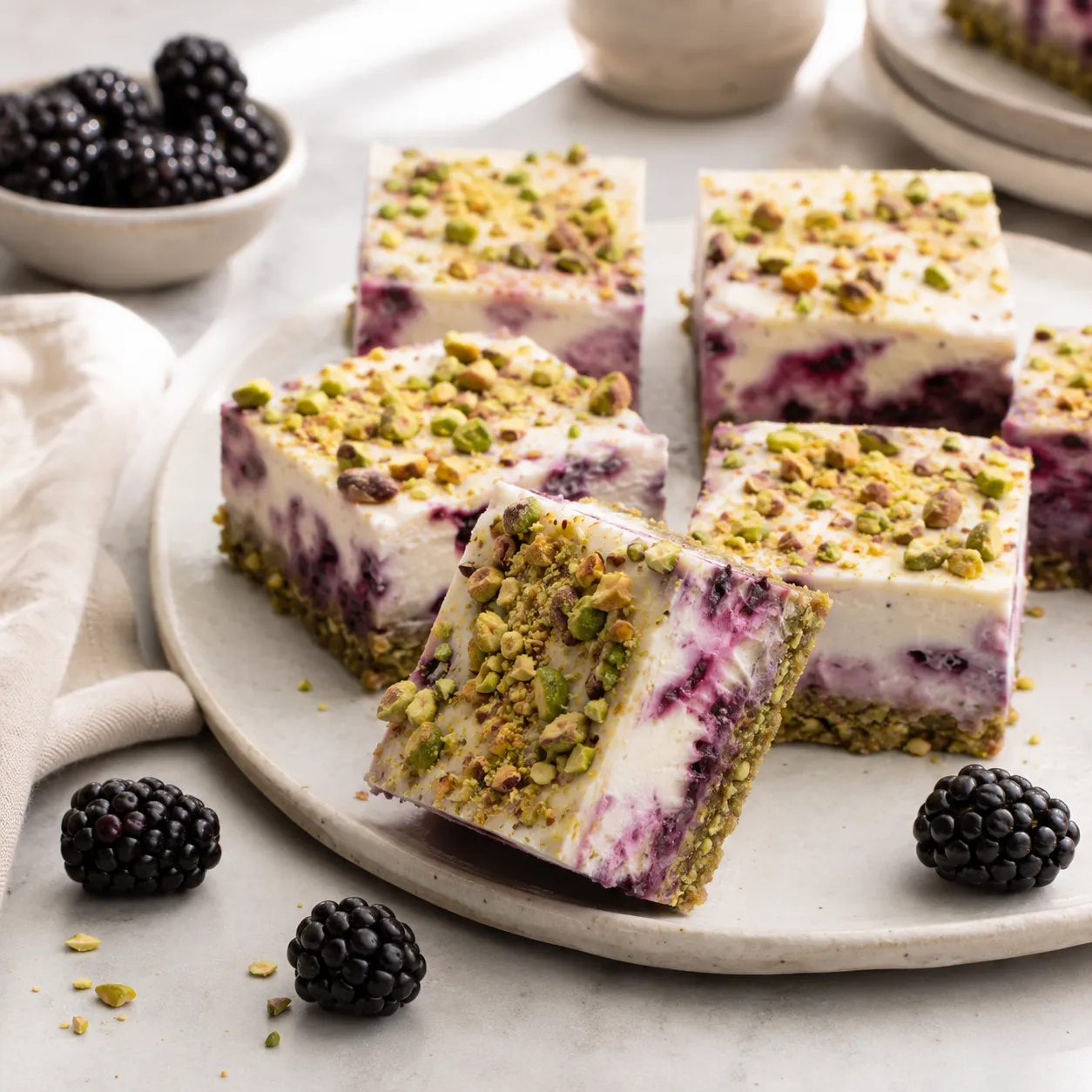 Blackberry pistachio dream bars with creamy berry-swirl filling, pistachio crust, and chopped pistachios