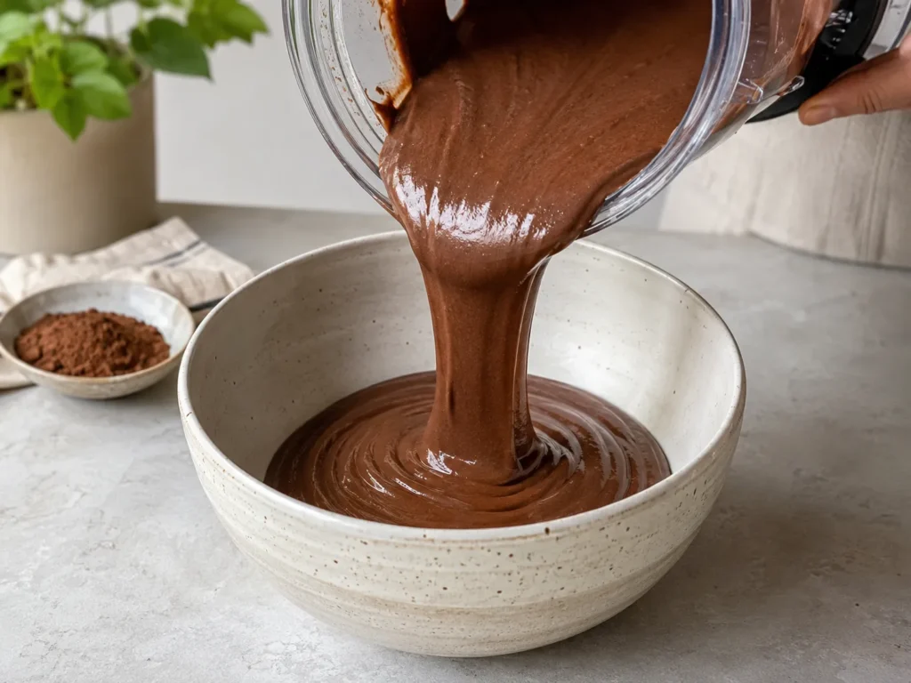 Smooth brownie batter made with blended cottage cheese being poured from a blender.