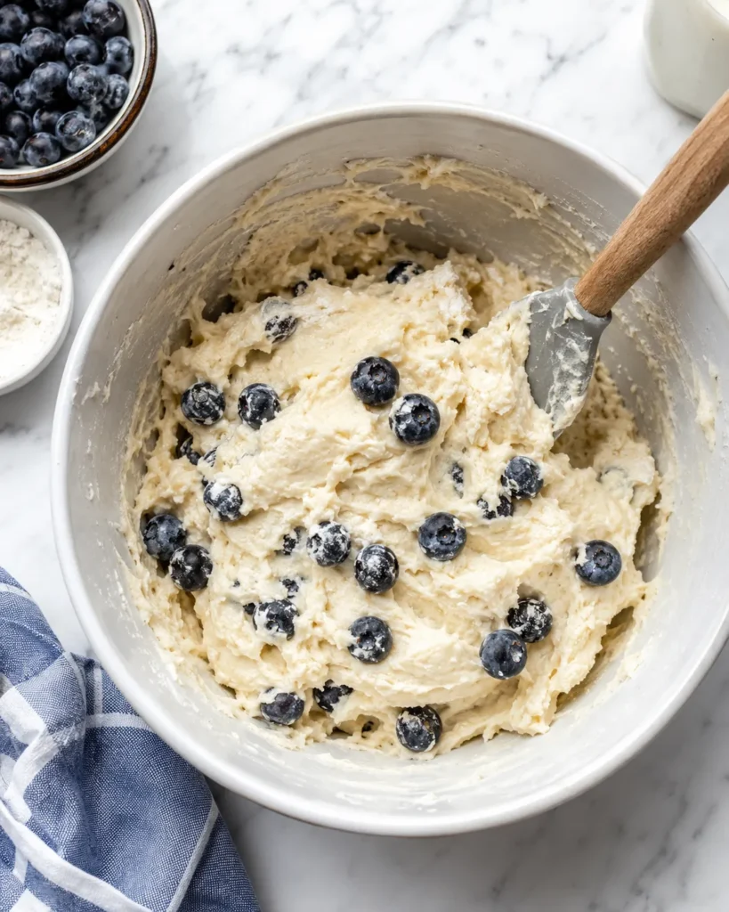 Soft biscuit dough with blueberries gently folded in before baking