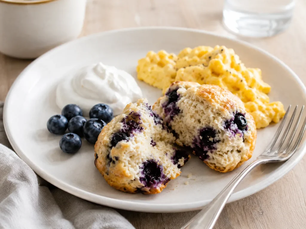 Blueberry biscuit served with Greek yogurt and eggs for breakfast
