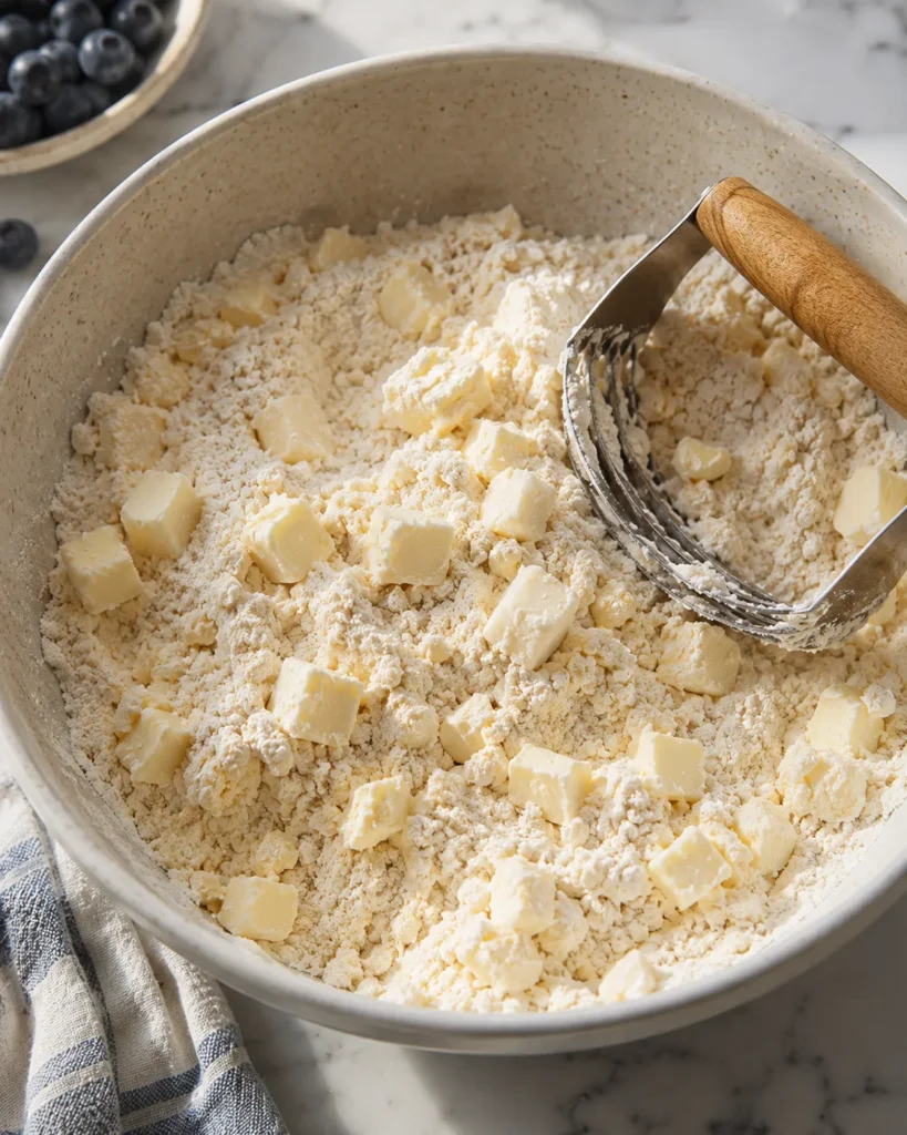 Butter being cut into flour for soft blueberry biscuit dough