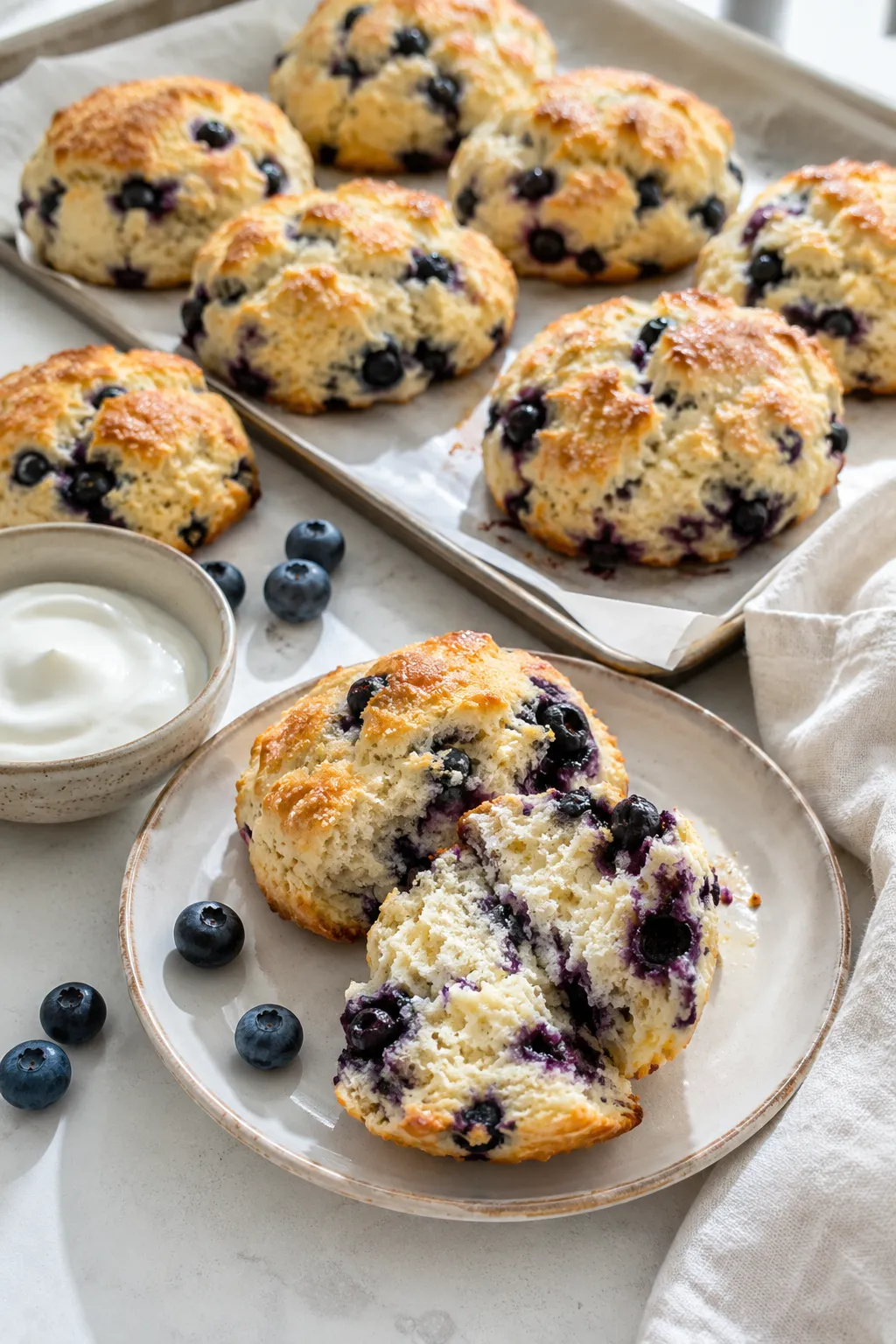 Soft blueberry biscuits with fresh blueberries and yogurt