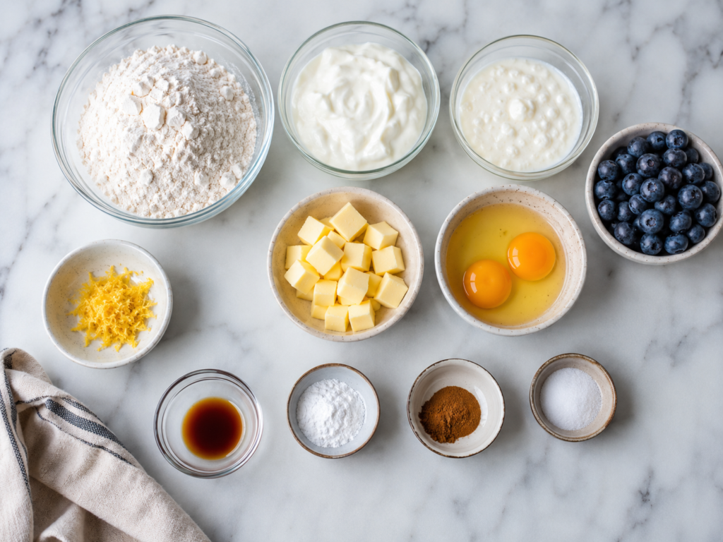 Ingredient lineup for making soft blueberry biscuits with yogurt and cottage cheese