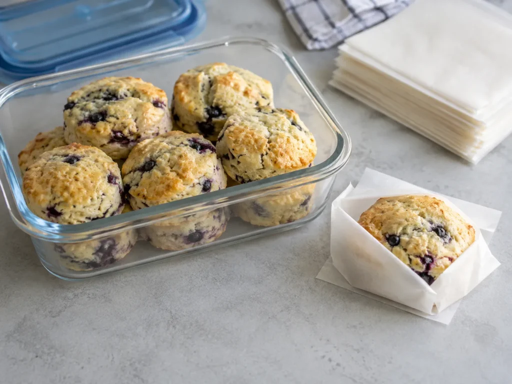 Blueberry biscuits stored in an airtight container for breakfast meal prep