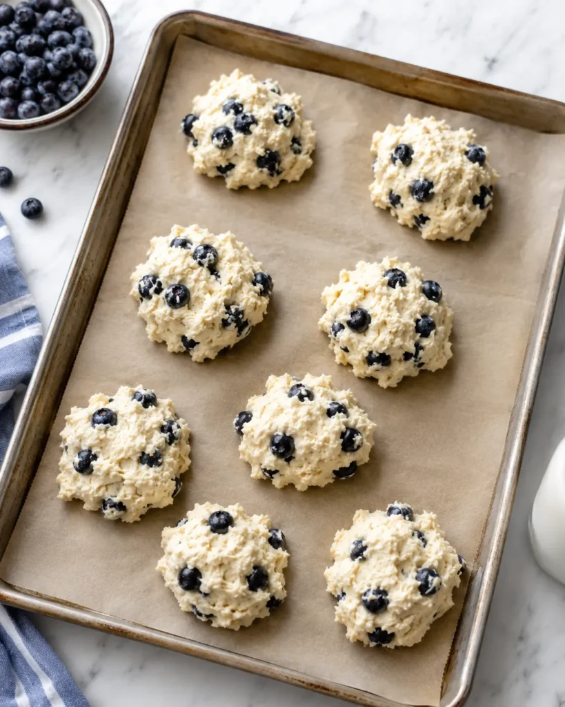Blueberry biscuit dough portioned into eight rustic mounds on a parchment-lined baking tray before baking