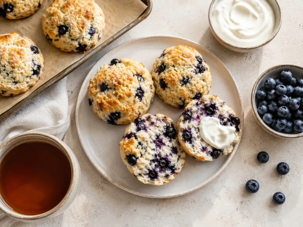 Overhead breakfast summary image featuring soft blueberry biscuits and yogurt