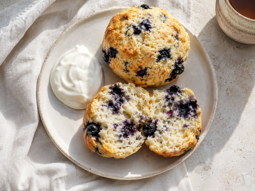Split blueberry biscuit showing the soft interior crumb and baked blueberries