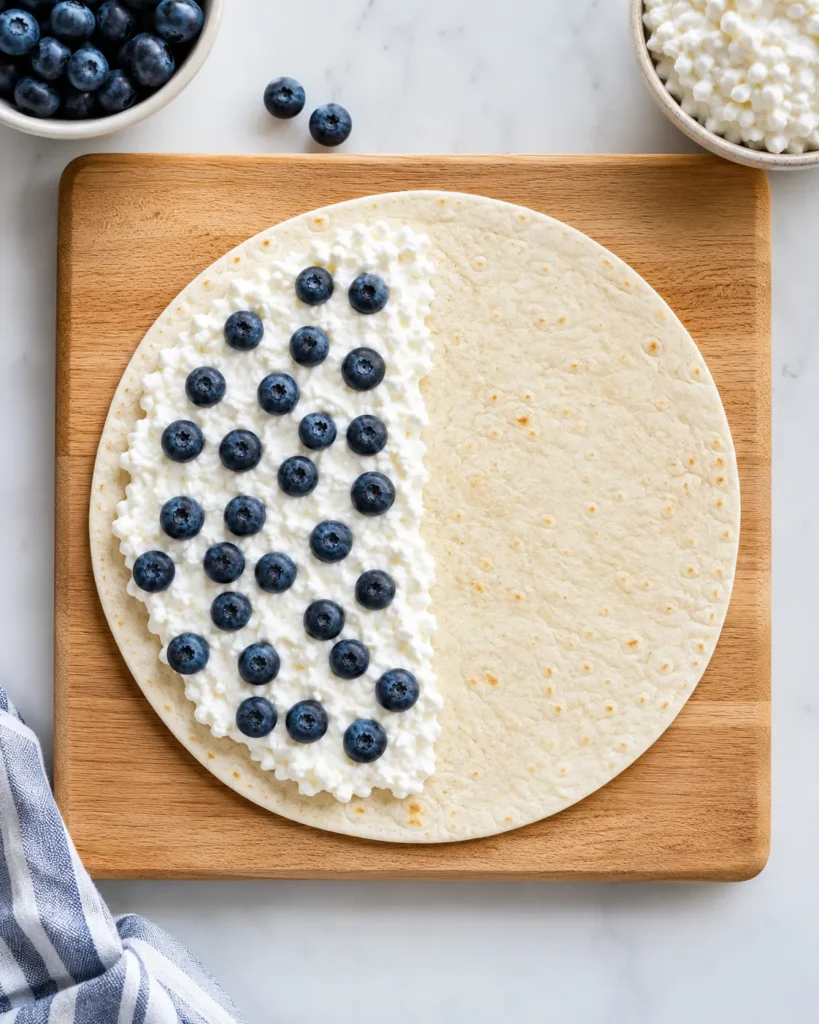 Blueberry breakfast quesadilla being assembled with creamy filling and berries