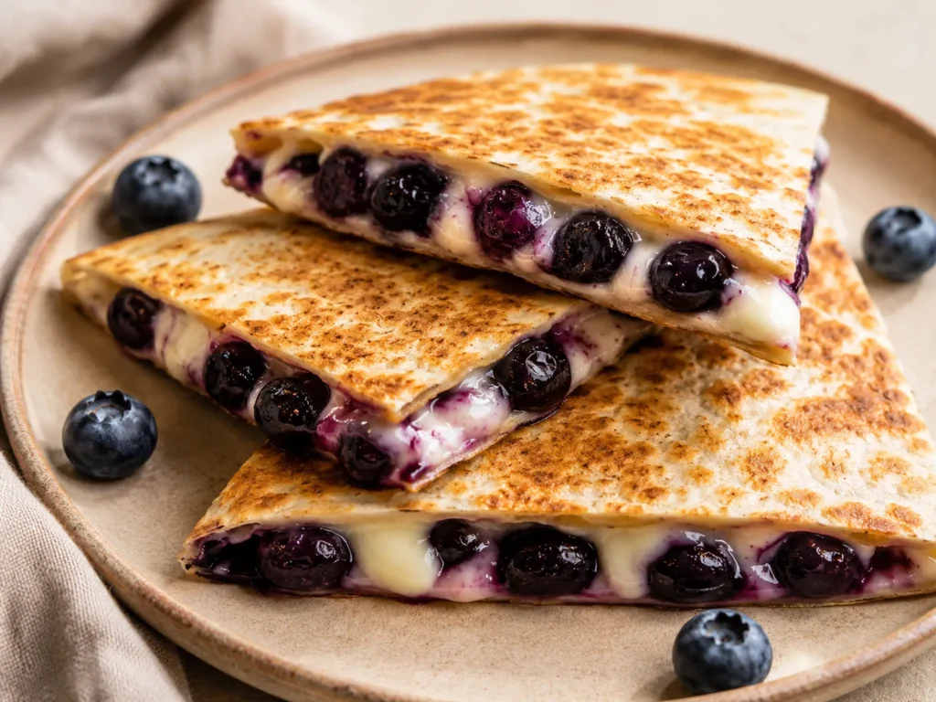 Cut blueberry breakfast quesadilla showing creamy high-protein filling inside