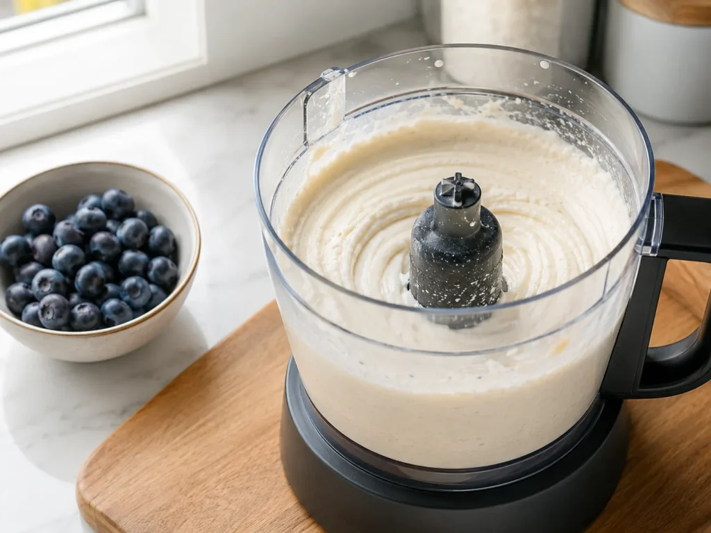 Smooth cottage cheese filling being blended for a blueberry breakfast quesadilla