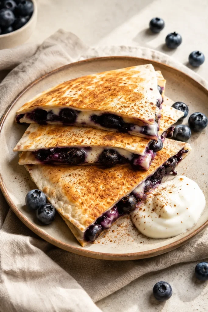 Sliced blueberry breakfast quesadilla with creamy filling and fresh blueberries