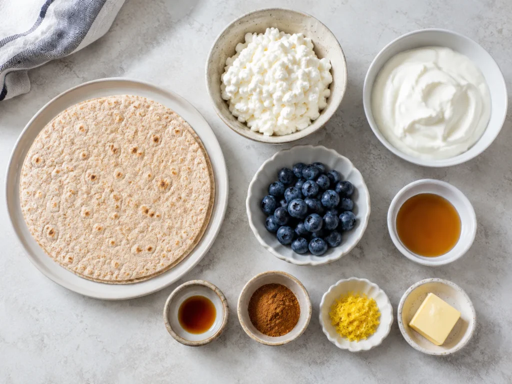 Ingredients laid out for making a high-protein blueberry breakfast quesadilla