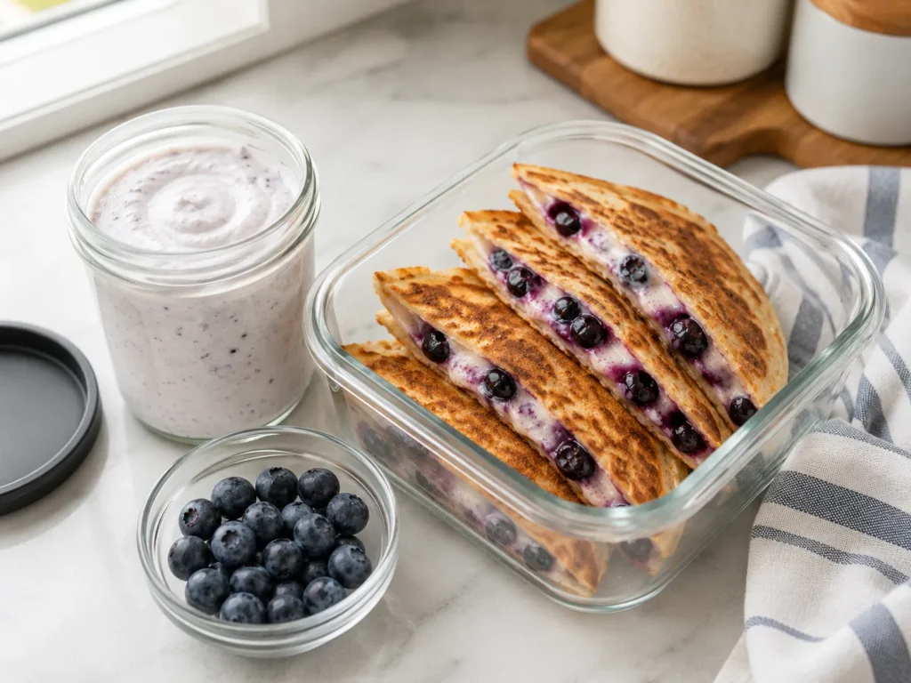 Meal-prep setup for blueberry breakfast quesadilla with filling and cooked wedges