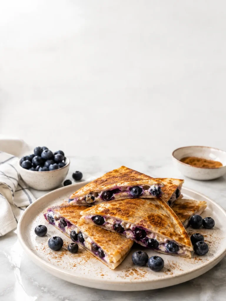 Vertical Pinterest-style image of blueberry breakfast quesadilla with creamy filling and fresh berries