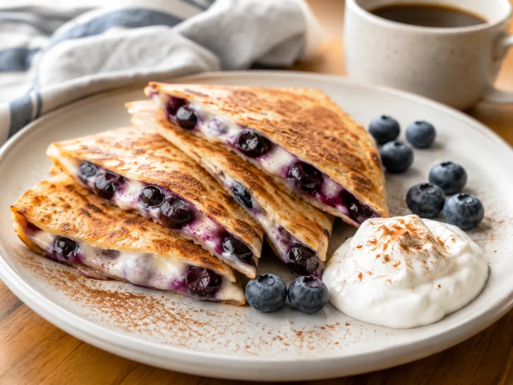 Blueberry breakfast quesadilla served with Greek yogurt and extra berries