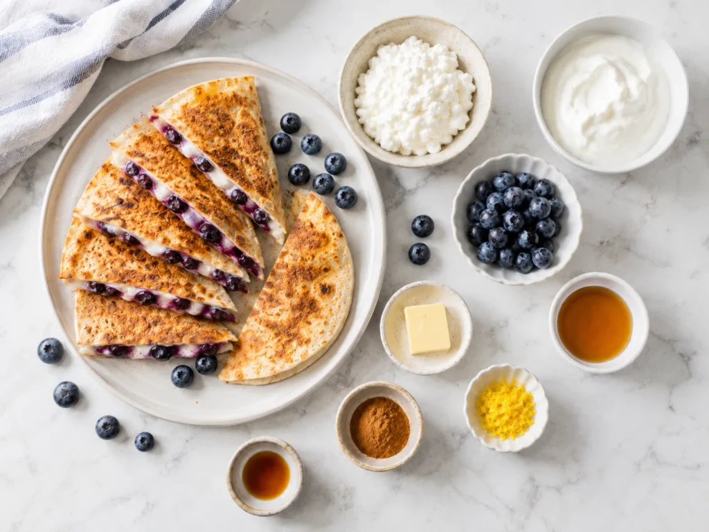 Overhead summary-style image of blueberry breakfast quesadilla with ingredients and sliced wedges