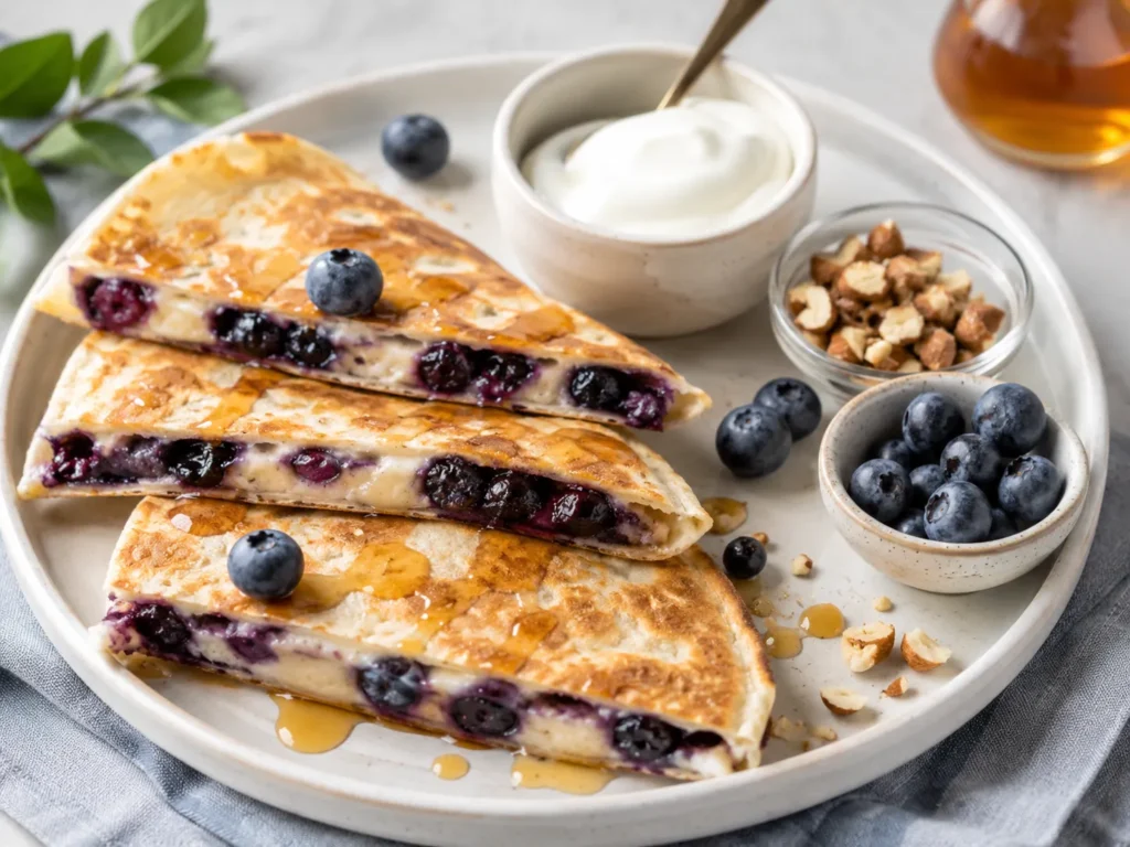 Blueberry breakfast quesadilla with topping options like yogurt, nuts, and extra berries