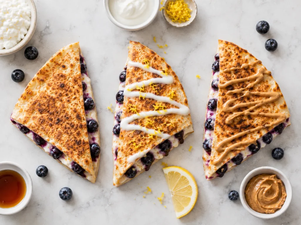 Three variation styles of blueberry breakfast quesadilla shown side by side