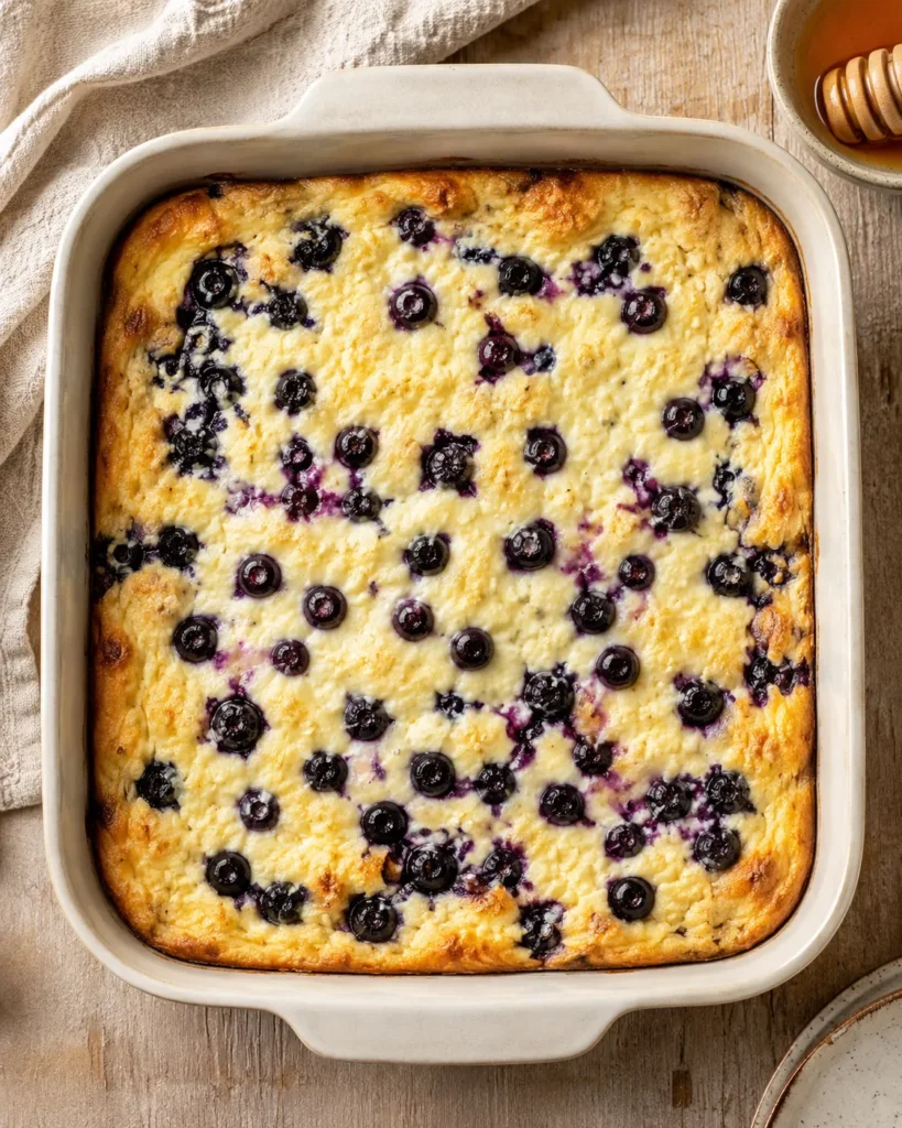 Freshly baked blueberry cottage cheese breakfast bake with golden edges in a square dish