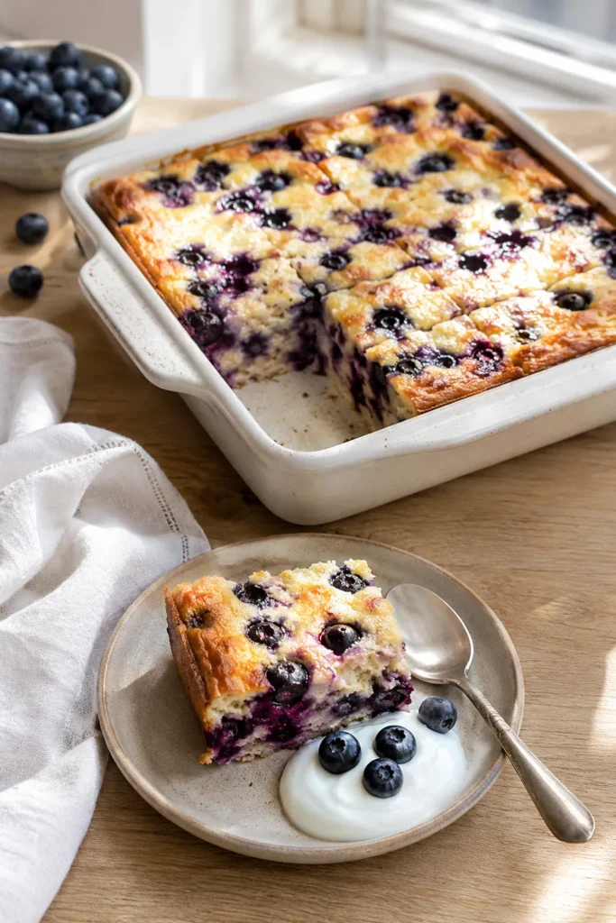 Sliced blueberry cottage cheese breakfast bake served on a plate with Greek yogurt and fresh blueberries