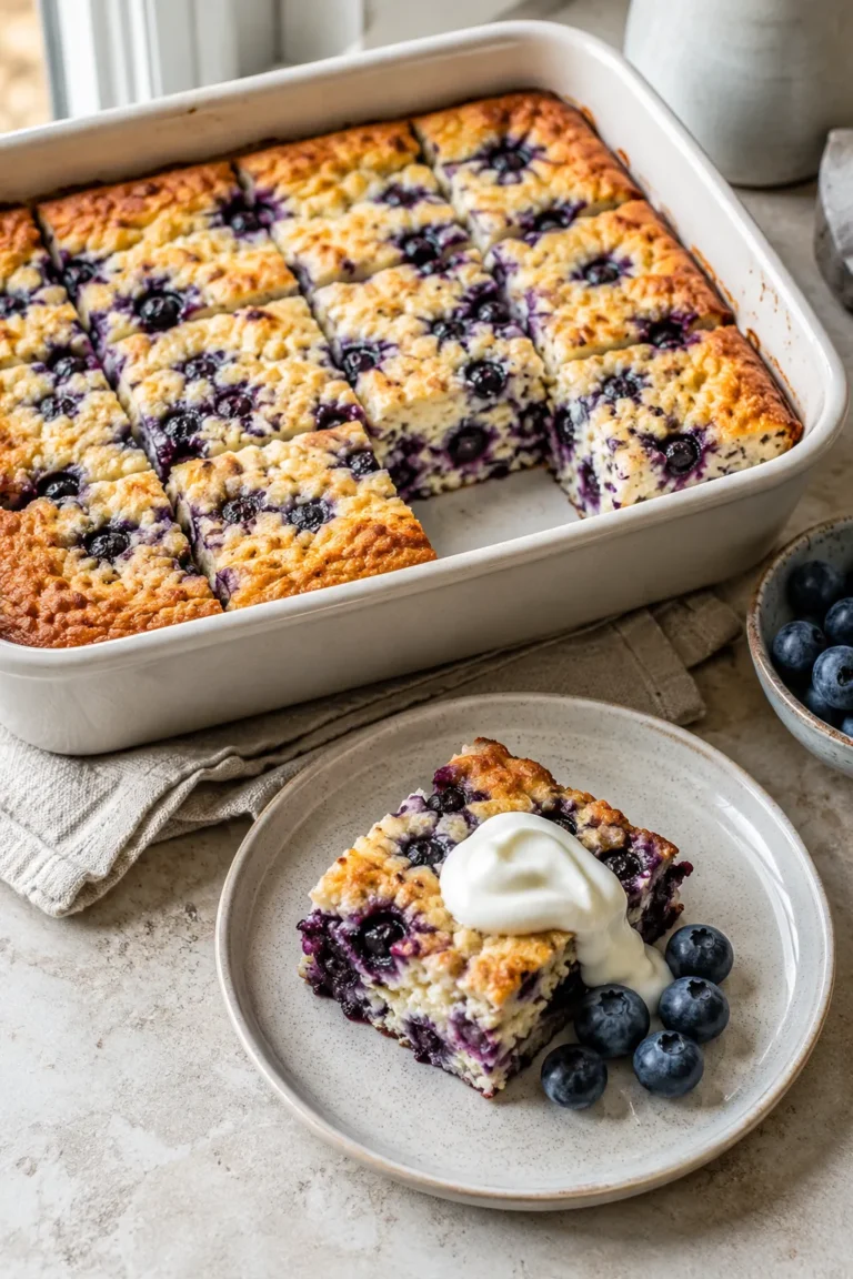 Blueberry cottage cheese breakfast bake sliced into squares