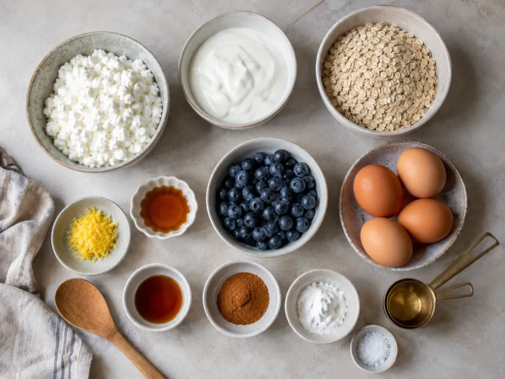 Ingredient lineup for blueberry cottage cheese breakfast bake including oats, cottage cheese, yogurt, eggs, and blueberries