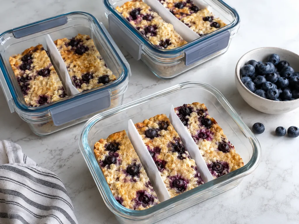 Meal-prep containers filled with slices of blueberry cottage cheese breakfast bake