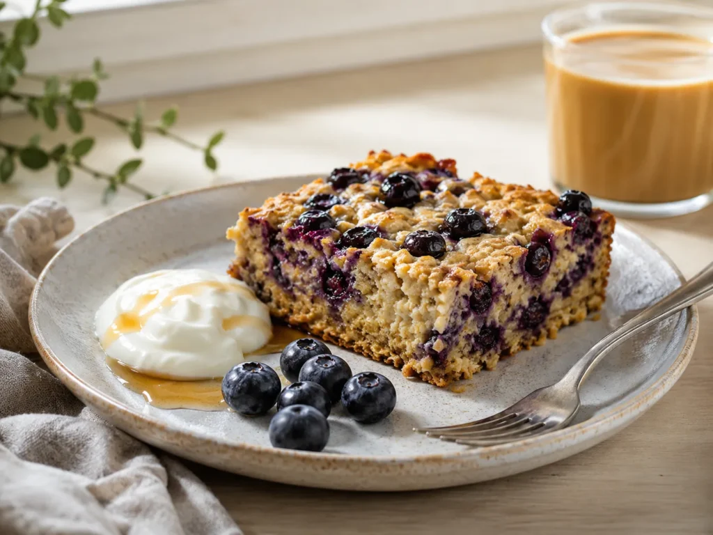 Served slice of blueberry cottage cheese breakfast bake with yogurt and fresh blueberries